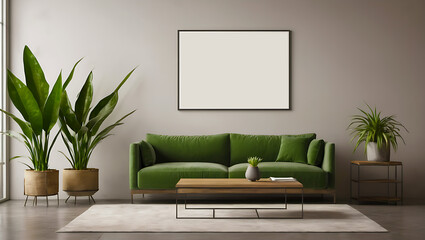 Elegant Living Room Decor, Green Sofa with Indoor Plants in a Cozy Interior, A mockup of a blank poster frame.