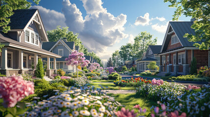 A suburban street in full bloom, the craftsman houses surrounded by vibrant flowers, each exterior design reflecting a unique sense of simplicity and elegance. - obrazy, fototapety, plakaty