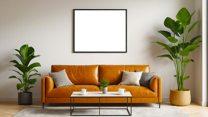Elegant Living Room Decor, brown Sofa with Indoor Plants in a Cozy Interior, A mockup of a blank poster frame.
