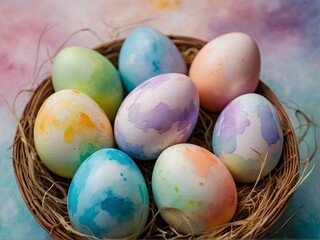 Easter painted eggs on a watercolor background
