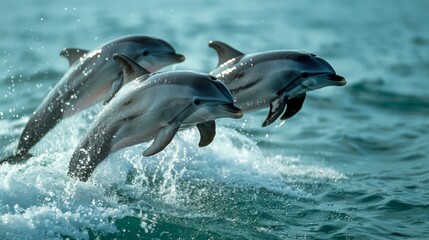Obraz premium Dolphins jumping in ocean waters. Aquatic Sealife. Ocean. Endangered. Intelligent species. 