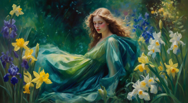 Spring goddes in the field of flowers
