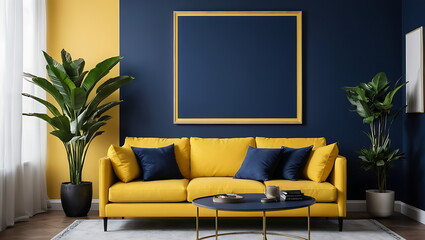 Elegant Living Room Decor, yellow Sofa with Indoor Plants in a Cozy Interior, A mockup of a blank poster frame.