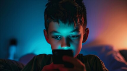A child using smart phone lying in bed late at night, playing games. Children's screen addiction and parent control concept. Child's room at night. Sensitive content on screen