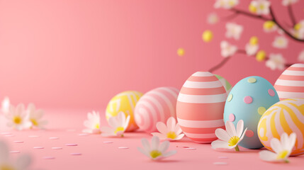 Fototapeta na wymiar easter eggs and flowers on pink background