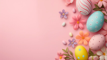easter eggs and flowers on pink background