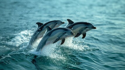 Dolphins jumping in ocean waters. Aquatic Sealife. Ocean. Endangered. Intelligent species. 