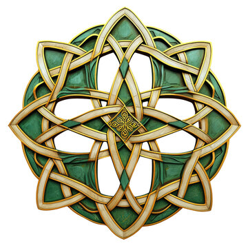 Celtic Knot Mandala in Gold and Green PNG, Transparent Image without background, Concept of Irish heritage and intricate art design