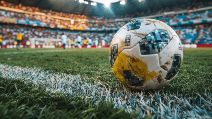 After the game, a close-up of a soccer ball lies on the grass of the football field in a crowded stadium