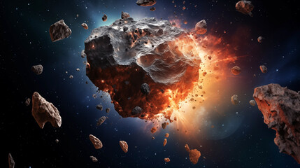 Meteor glowing as it enters the Earth's atmosphere. Planet Earth and big asteroid in the space. Potentially hazardous asteroids. Asteroid in outer space near earth planet - obrazy, fototapety, plakaty