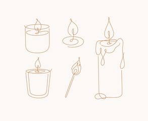 Candles glass, classic, jar, spiral, match set drawing in linear style on beige background