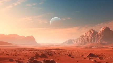 Gordijnen Mars landscape. Mars planet terrain. Landscape on planet Mars, scenic desert scene on the red planet. Red Mars like landscape. Mars exploration, NASA © Anthichada