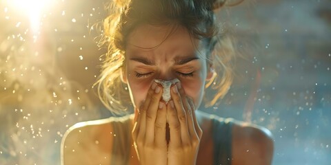 Woman sneezing and rubbing eyes due to dust allergy while cleaning. Concept Allergy Symptoms, Dust Irritation, Sneezing, Eye Rubbing, Cleaning Mischaps - obrazy, fototapety, plakaty
