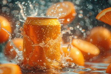 Orange plain soft-drink can 330ml Floating, stunning dynamic product shot - obrazy, fototapety, plakaty