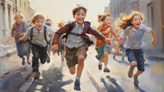Group of elementary school kids running at school