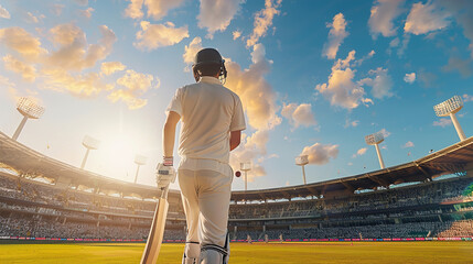 Cricket player in action at the stadium, captured from behind in the serene afternoon light, showcasing the concentration and skill of the game