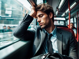 A man in a suit sits on a bus with his hand on his head.