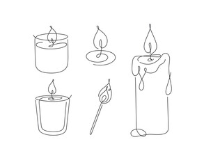 Candles glass, classic, jar, spiral, match set drawing in linear style on white background - 750053976