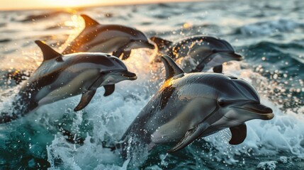 Dolphins jumping in ocean waters. Aquatic Sealife. Ocean. Endangered. Intelligent species. 