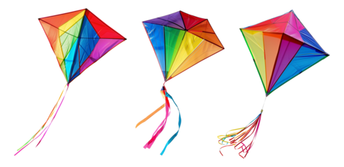Set of colorful kites isolated on transparent or white background, png