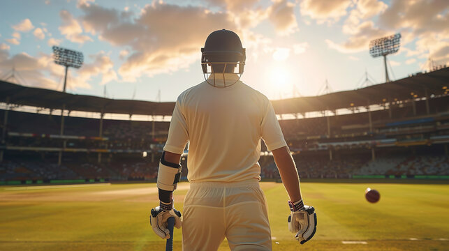 Cricket player in action at the stadium, captured from behind in the serene afternoon light, showcasing the concentration and skill of the game