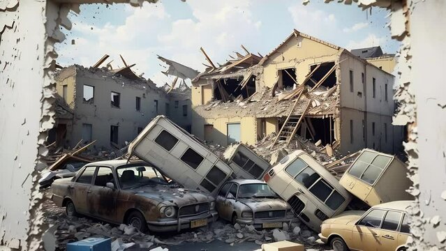 An image of ruined building stylised as retro photography that turns into reality. Consequences of a natural disaster concept.