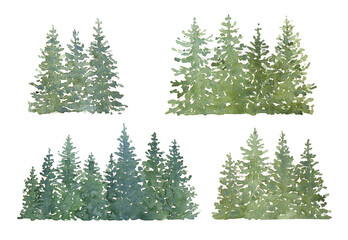 Сhristmas trees set. Green trees on white background. Watercolor illustration - 750054565