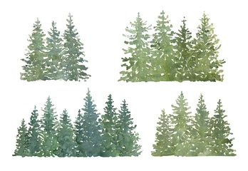 Zelfklevend Fotobehang Сhristmas trees set. Green trees on white background. Watercolor illustration © Tatiana 