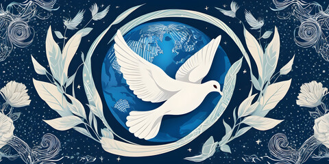 blue bird of the moon,  International Day of Peace. Vector illustration of dove of peace, planet earth, pattern and sky for anti war poster, vintage greeting card or background - Powered by Adobe