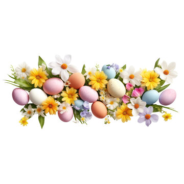 Easter Eggs and Spring Flowers Arrangement PNG, Transparent Image without background, Concept of Easter, springtime and celebration
