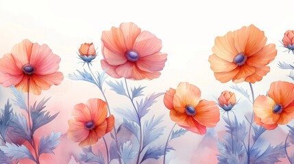 watercolor poppy flowers - obrazy, fototapety, plakaty