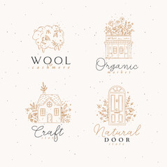 Hand drawn sheep, store, house, door labels drawing in floral style on beige background - 750055105