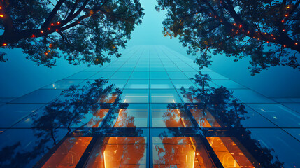 Sleek Modern Architecture: Reflective Glass Buildings Against a Blue Sky, Highlighting Urban Design and Technology