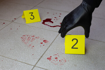 Criminologist places an evidence marker near bloody footprint