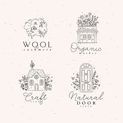 Hand drawn sheep, store, house, door labels drawing in floral style on light background