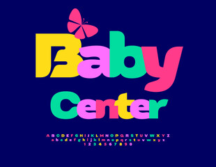 Vector cute logo Baby Center with decorative Butterfly. Colorful Alphabet Letters and Numbers set. Bright creative Font.