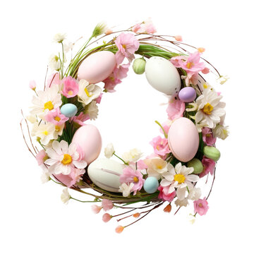 Easter Floral Wreath with Decorative Eggs PNG, Transparent Image without background, Concept of spring celebration and home decor