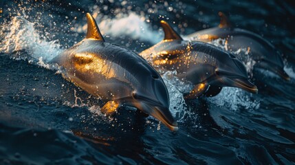 Obraz premium Dolphins jumping in ocean waters. Aquatic Sealife. Ocean. Endangered. Intelligent species. 