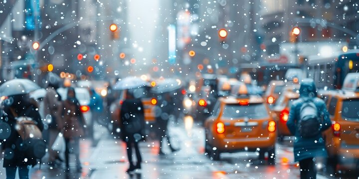 Snowy day in NYC causing traffic and pedestrian delays in Manhattan. Concept Winter Weather, Traffic Delays, NYC, Snowstorm, Manhattan Pedestrians