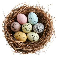 Naklejka na ściany i meble Rustic nest cradling an assortment of speckled Easter eggs in pastel colors, Concept of Easter, springtime, and new beginnings