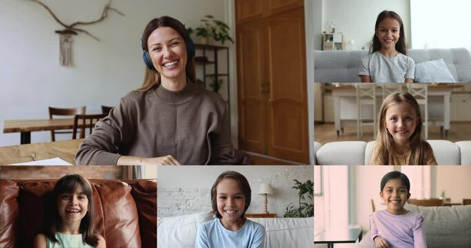 Multiple videos collage, on-line tutor and group of multiethnic kids take part in videocall, studying distantly, take part in remote class with friendly teacher. Virtual, meeting, e-study, modern tech
