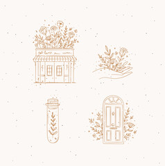 Hand drawn store, hand, test tube, door icons drawing in floral style on beige background