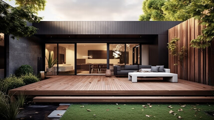 Naklejka premium timber pool deck on modern home terrace