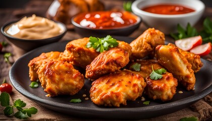 Fototapeta premium Fried nuggets of chicken breast with sauce