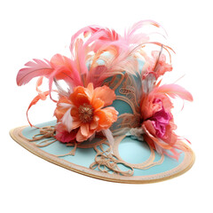 Elegant pastel blue ladies' hat adorned with a vibrant array of feathers and silk flowers, creating a charming accessory, Concept of spring fashion and Kentucky Derby style