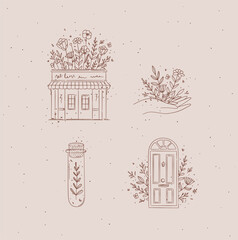 Hand drawn store, hand, test tube, door icons drawing in floral style with brown on pink background - 750057348