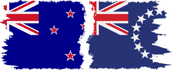 Cook Islands and New Zealand grunge flags connection vector