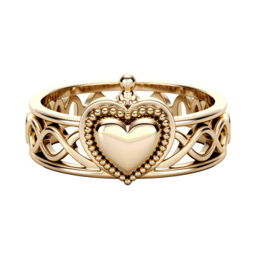 Gold Claddagh Ring with Heart and Beaded Crown Design PNG, Transparent Image without background, Concept of love, fidelity, and friendship