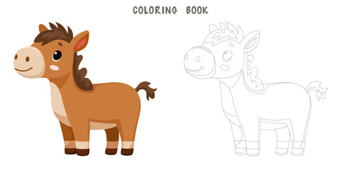 Coloring page of cute funny horse, happy little equine. Coloring book of cute farm animal isolated on white background. Flat vector illustration.