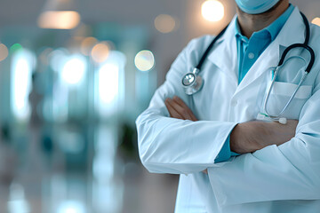Mid section of Doctor Man With Stethoscope In Hospital, space for text, light blurred background - Powered by Adobe